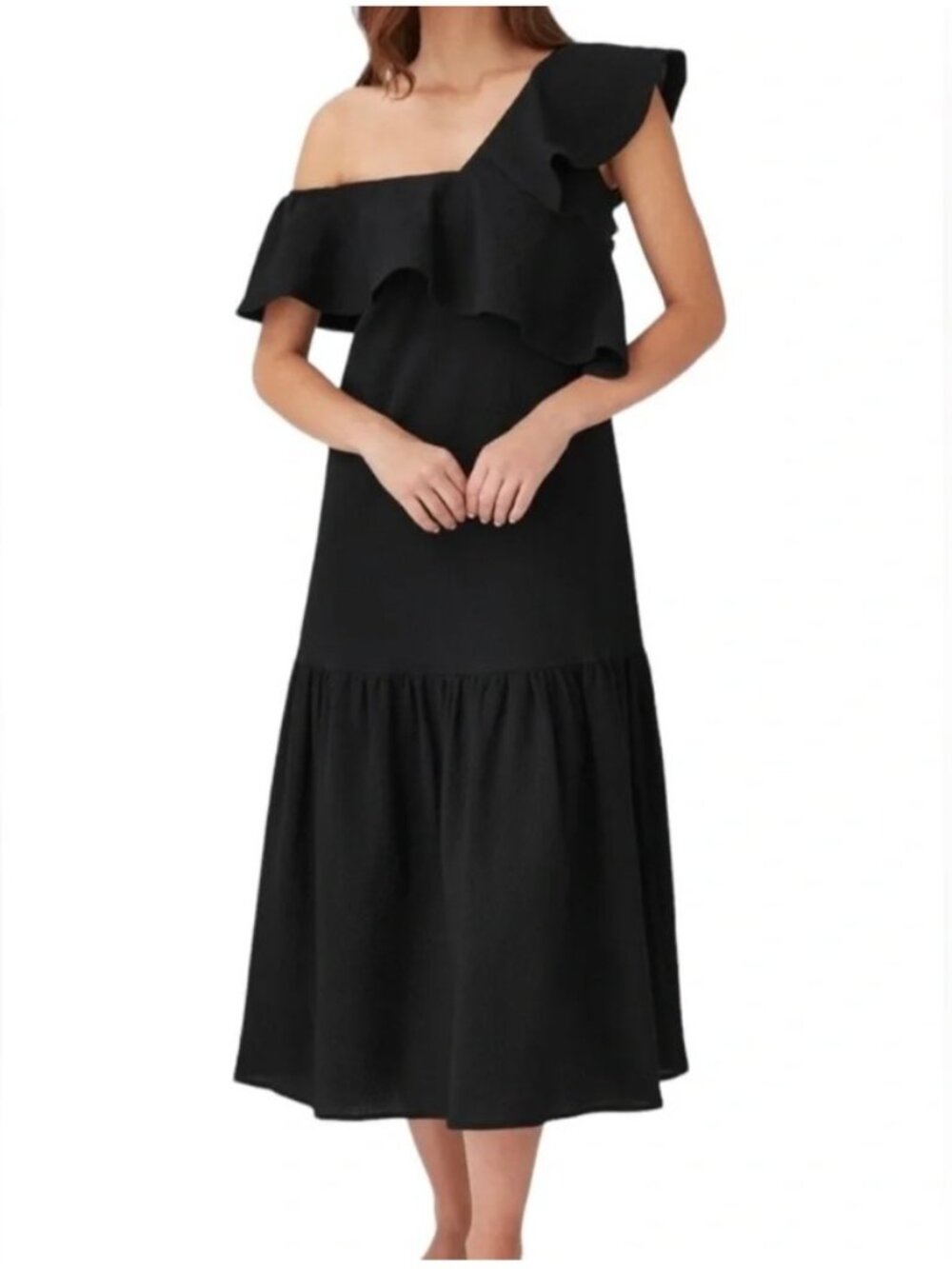 Cuyana Maxi Flounce Cotton Seersucker Black Midi Dress Sz Medium